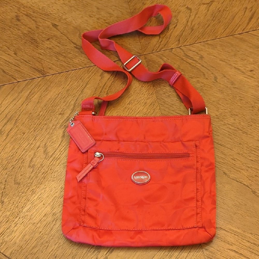 Coach Vibrant Red-Orange Getaway Signature C Nylon File Crossbody Bag